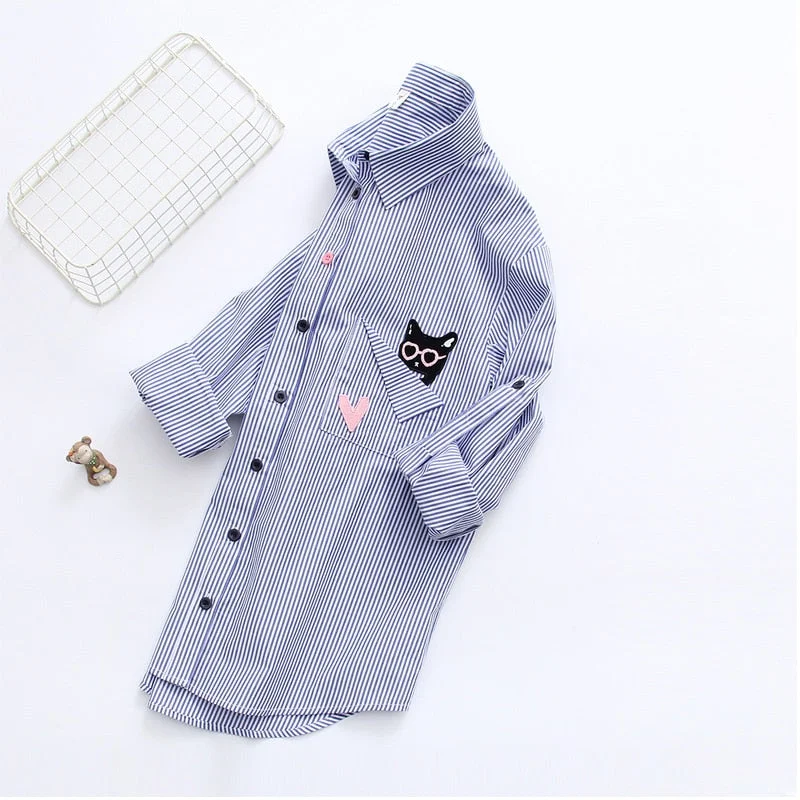 Embroidery Blue Striped Blouses Tops Camisas Women Blouses 2021 Long Sleeve Shirts Female Cute Cats Embroidery Shirts 6833 50