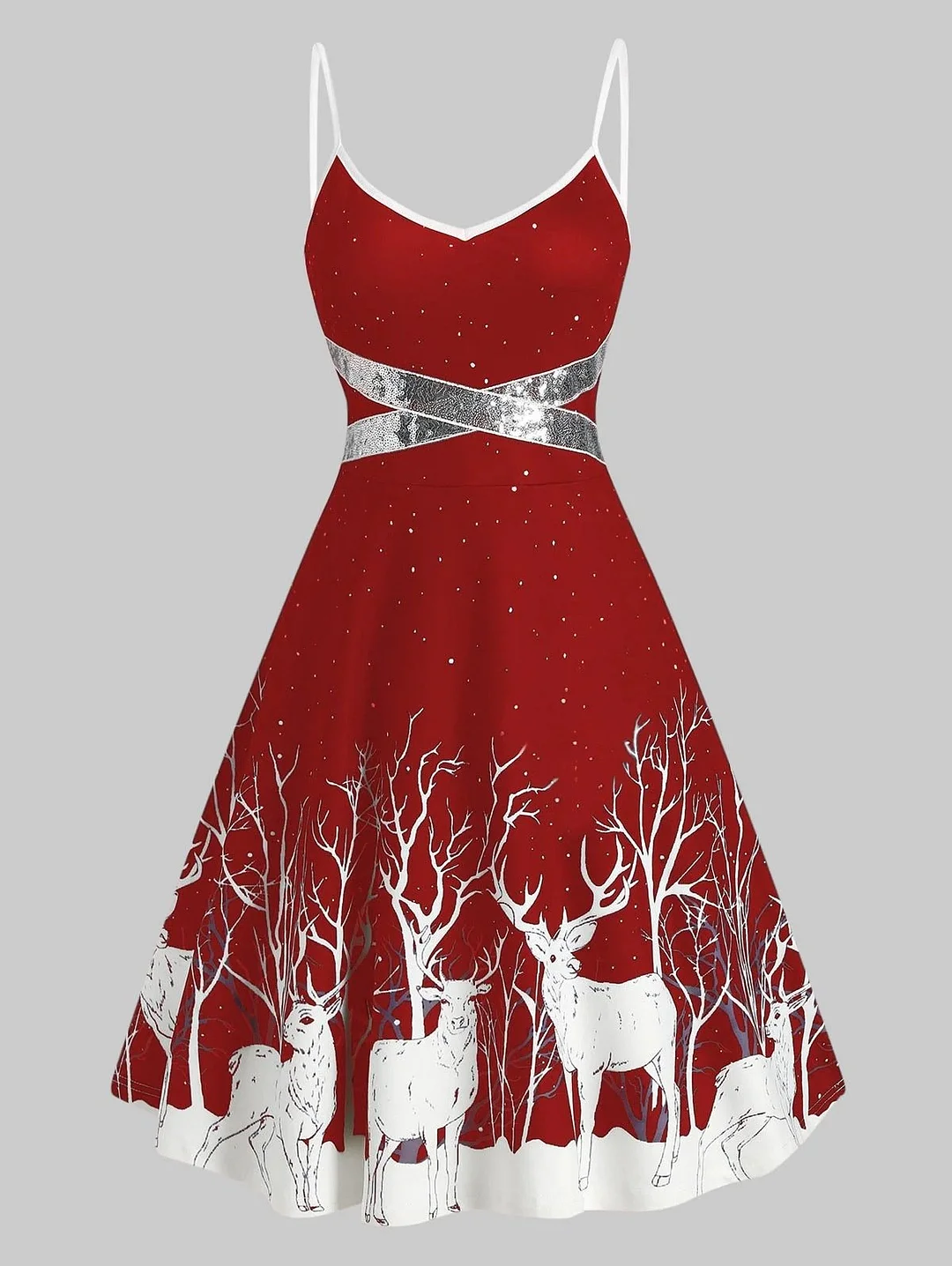 Christmas Dress Spaghetti Strap Sequined Reindeer Print Swing Dresses