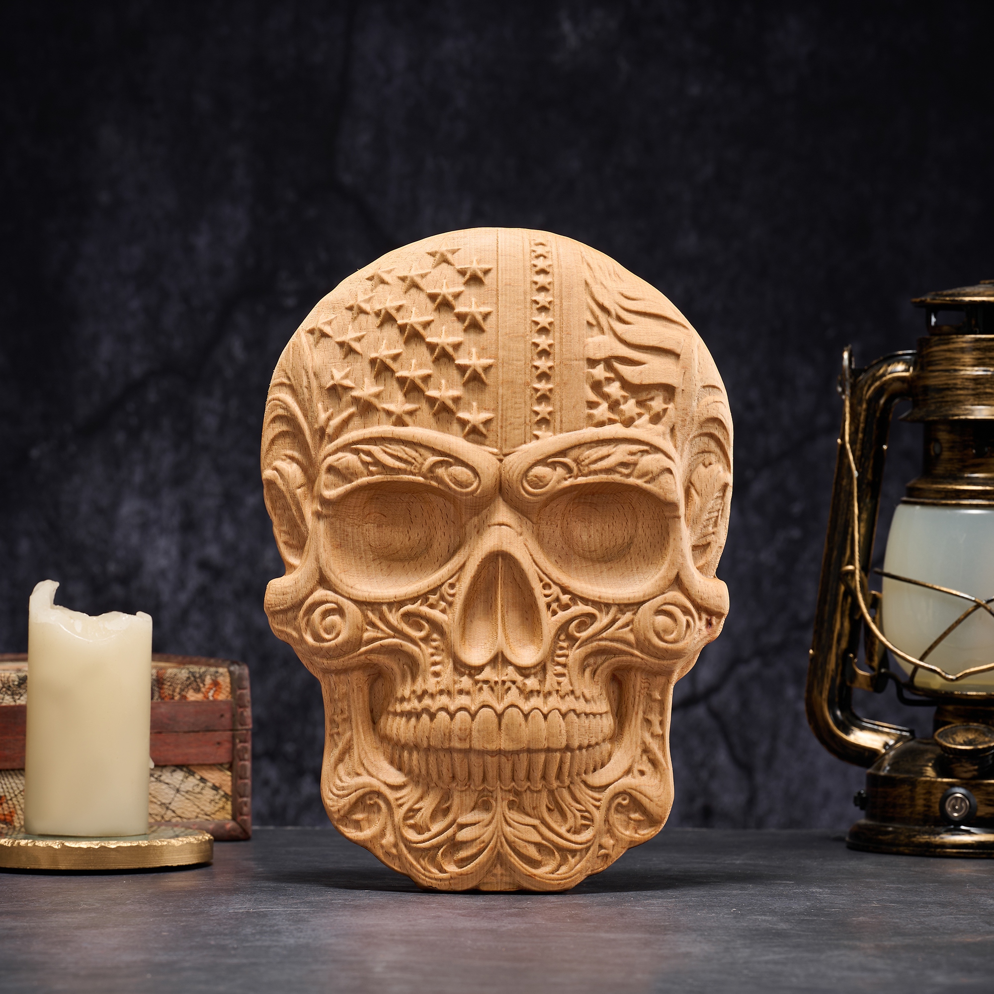 Hand-Carved Beech Wood Skull with American Flag Accents