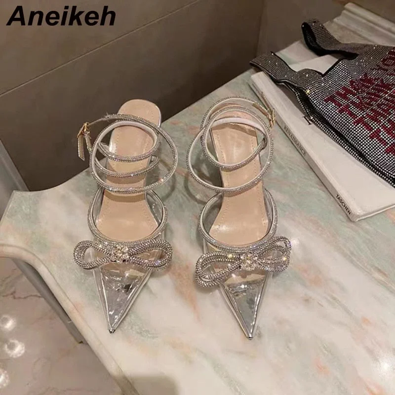 Aneikeh Spring/Autumn 2022 Women's Shoes Fashion Butterfly-Knot Narrow Band Bling Patchwork Cross-Tied Crystal Pointed Toe Pumps