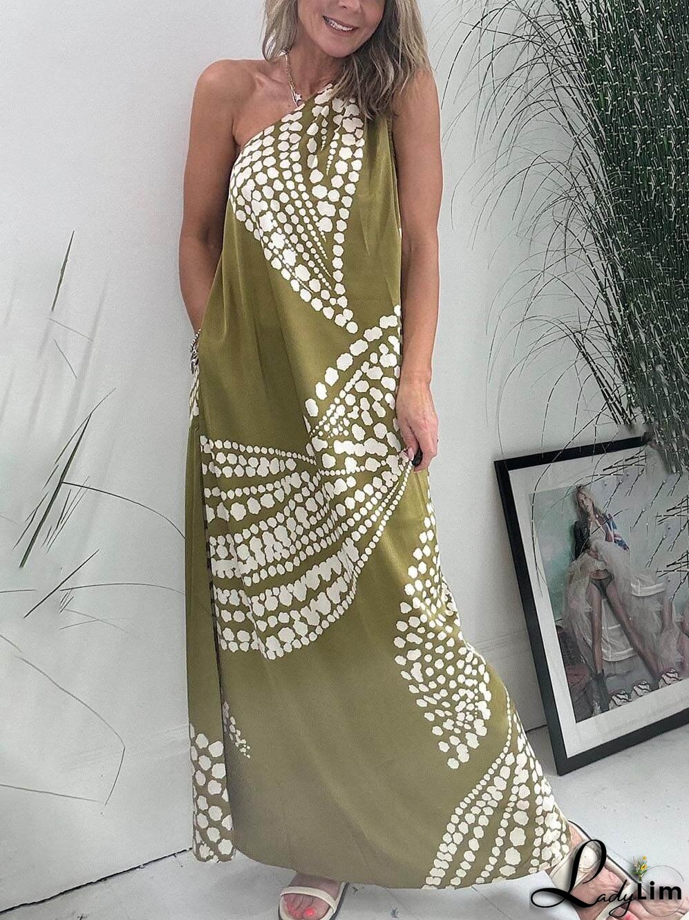 Polka Dot Print One Shoulder Pocketed Maxi kjole