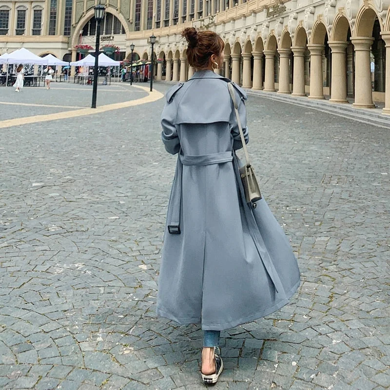 Fashion New Blue Green Purple Long Double-Breasted Women Trench Coat Lady Duster Coat Spring Autumn Outerwear Female Clothes
