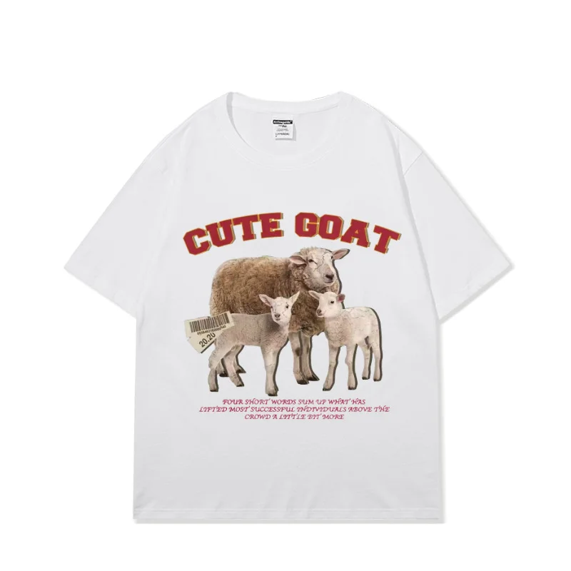 Men and Women Heavyweight Drop Shoulder Loose Short Sleeve T-shirt Vintage Cartoon Sheep Print Couple Tee