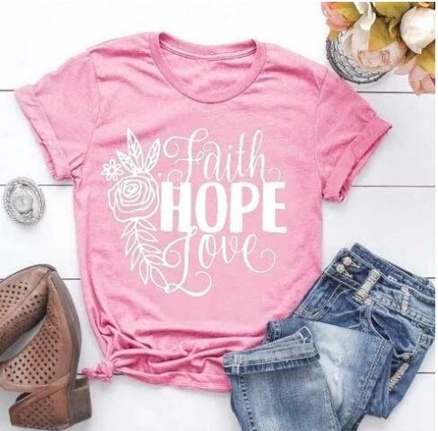 Faith Hope Love T-ShirtSlogonRoseWomenFashion 100%cottonTeesGrunge Letter PrintedTops
