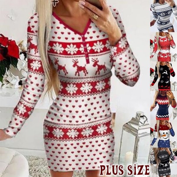 Women's New Xmas Pullover Sweater Dress Slim Fit Warm Fall Winter Pullover Long Sleeve Dress Christmas Print Slim Party Dress - Chicaggo