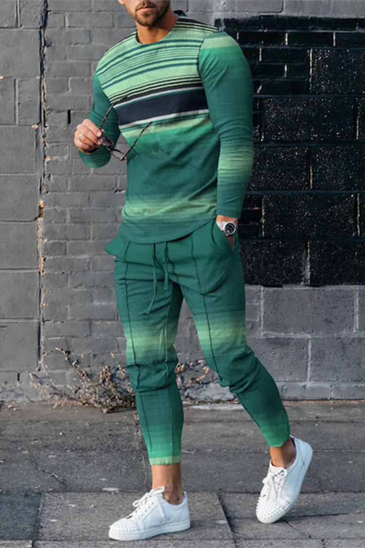 Men's Striped Gradient Long Sleeve T-Shirt And Pants  Two Piece Set