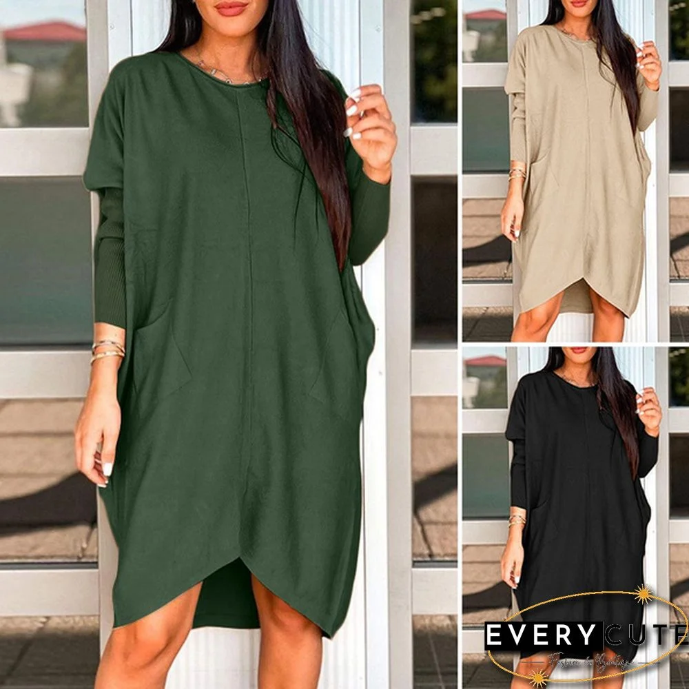Women O-Neck Solid Patchwork Baggy Dress Knee Length Casual Dress