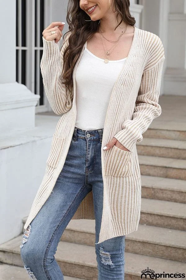 women's ribbed cardigan pocket solid color knitted sweater coat