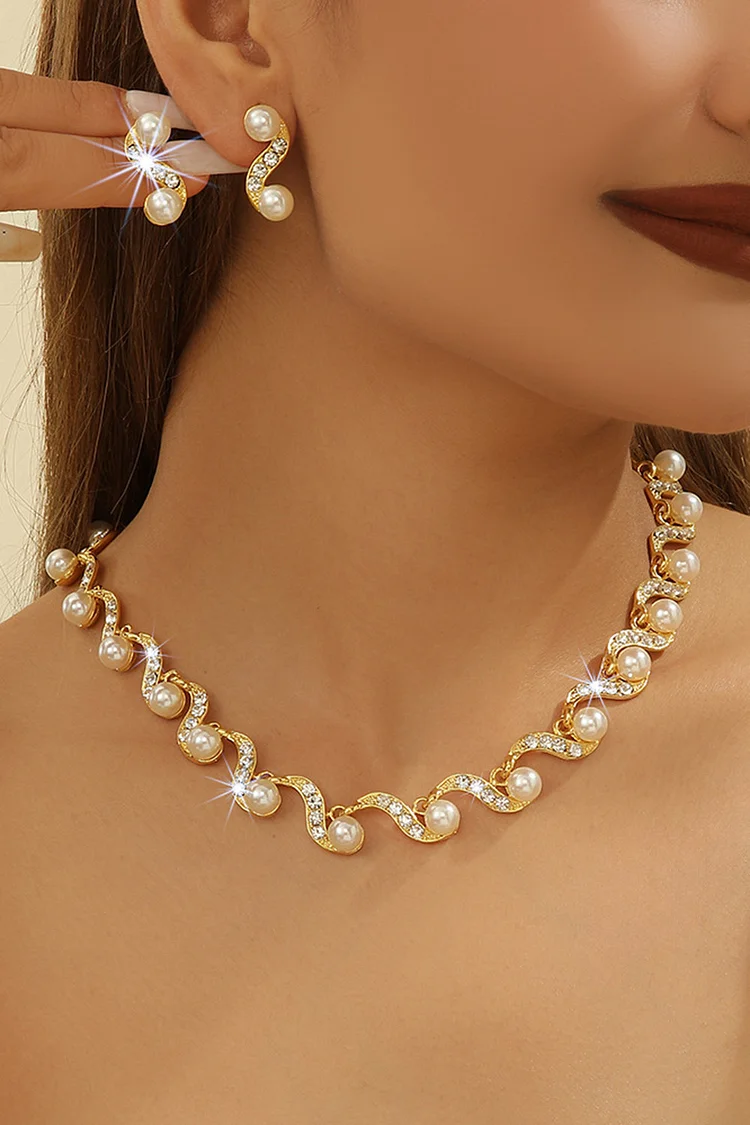 Wedding Pearls Geometric Rhinestone Inlaid Earrings Necklace Jewelry Set 2024 - Xpluswear