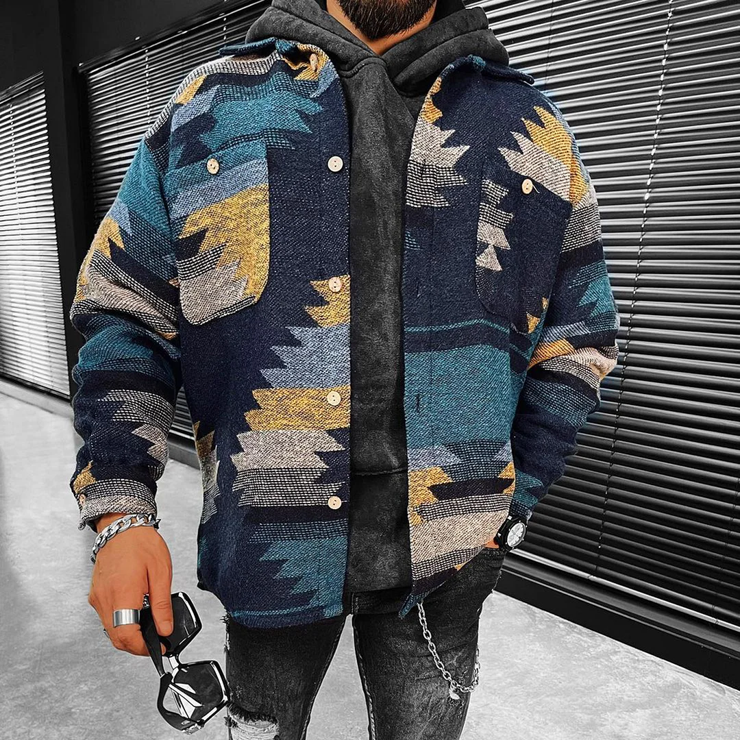 Oversized Geometric Ethnic Textured Long Sleeve Shirt/Jacket、、URBENIE