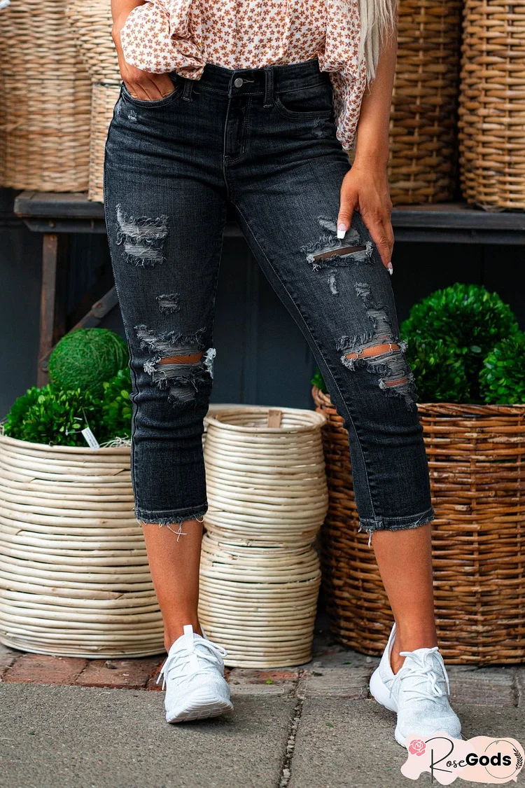 Ripped Capri Jeans Distressed Mid Rise Stretch Denim Capris