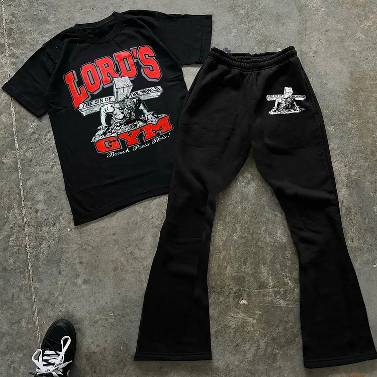 Fashionable Lord’s Gym Print Tee & Flared Trousers Two Piece Set