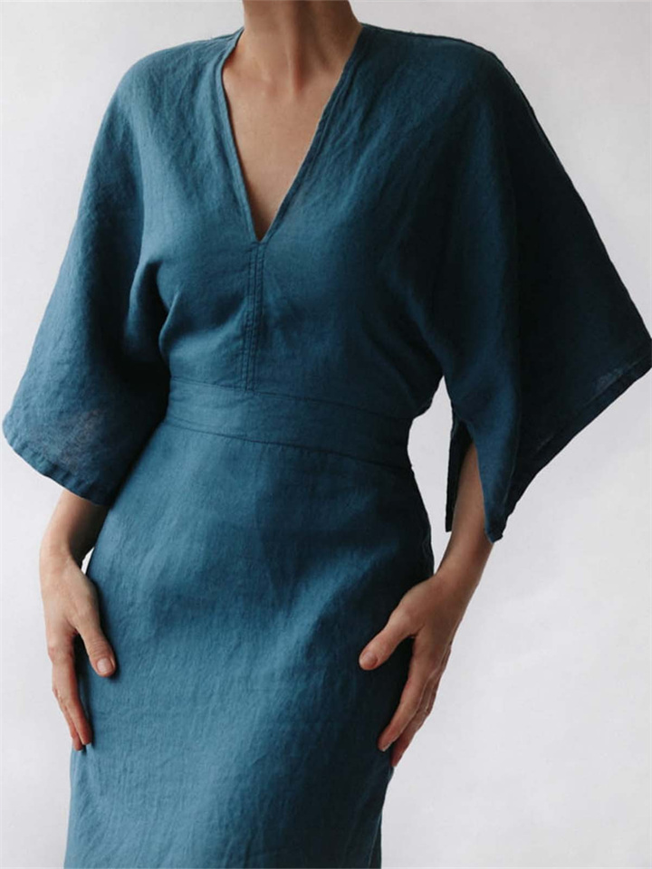 Elegant Bai Mo Blue Linen Slim Dress | IFYHOME