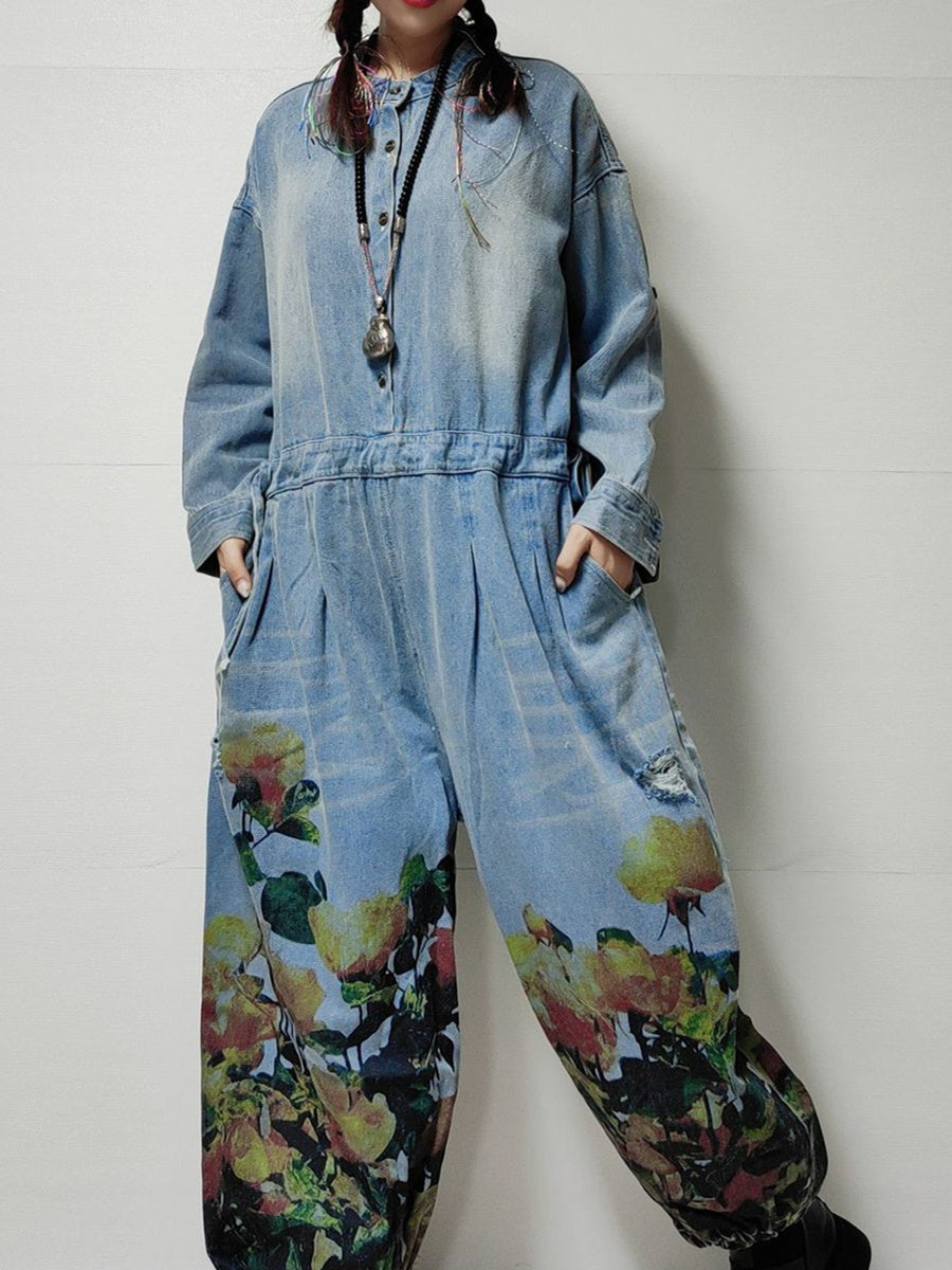 Women's Plus Size Floral Printed Casual Retro Cropped Workwear Denim Overalls Jumpsuit
