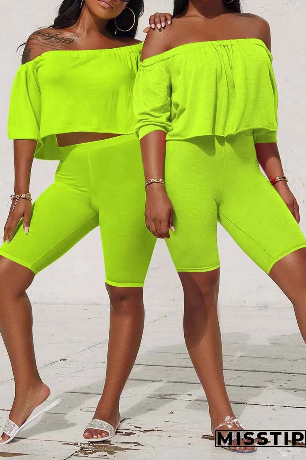 Fluorescent Green Casual Solid Patchwork Off the Shoulder Half Sleeve Two Pieces
