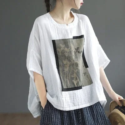 Women Summer Loose Retro Print T-Shirt Plus Size