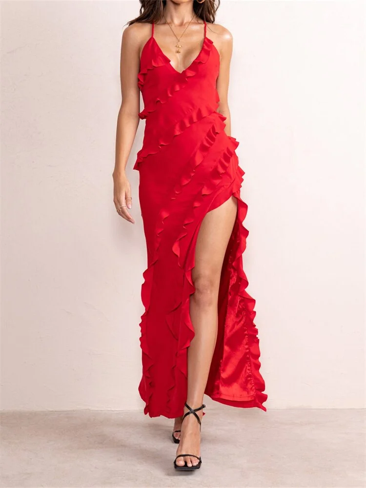 Elegant Women Sleeveless Strap Ruffle Sling Long Dress 2023 V-neck Summer Beach Side Split Party Evening Vestido 2023