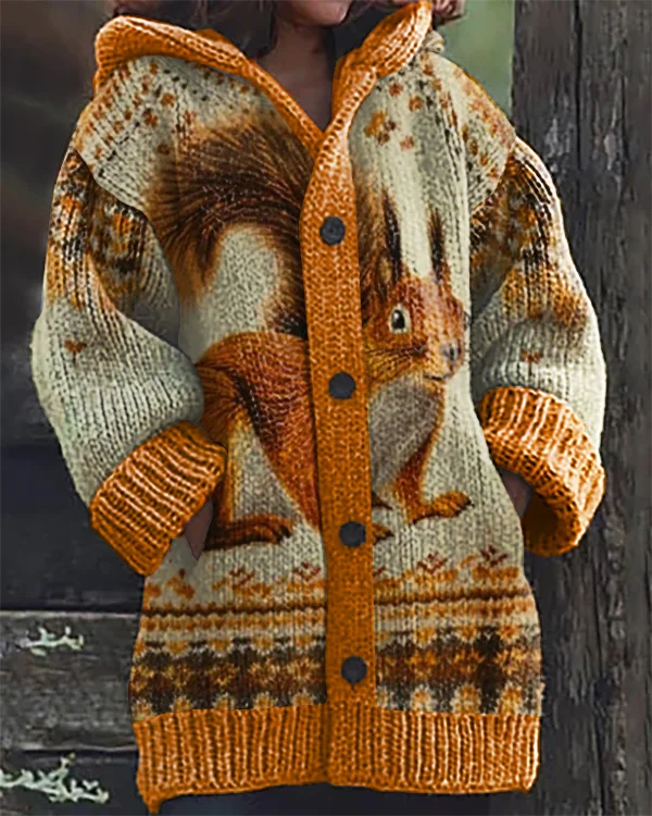 Squirrel Fallen Leaves Art Print Hooded Cardigan