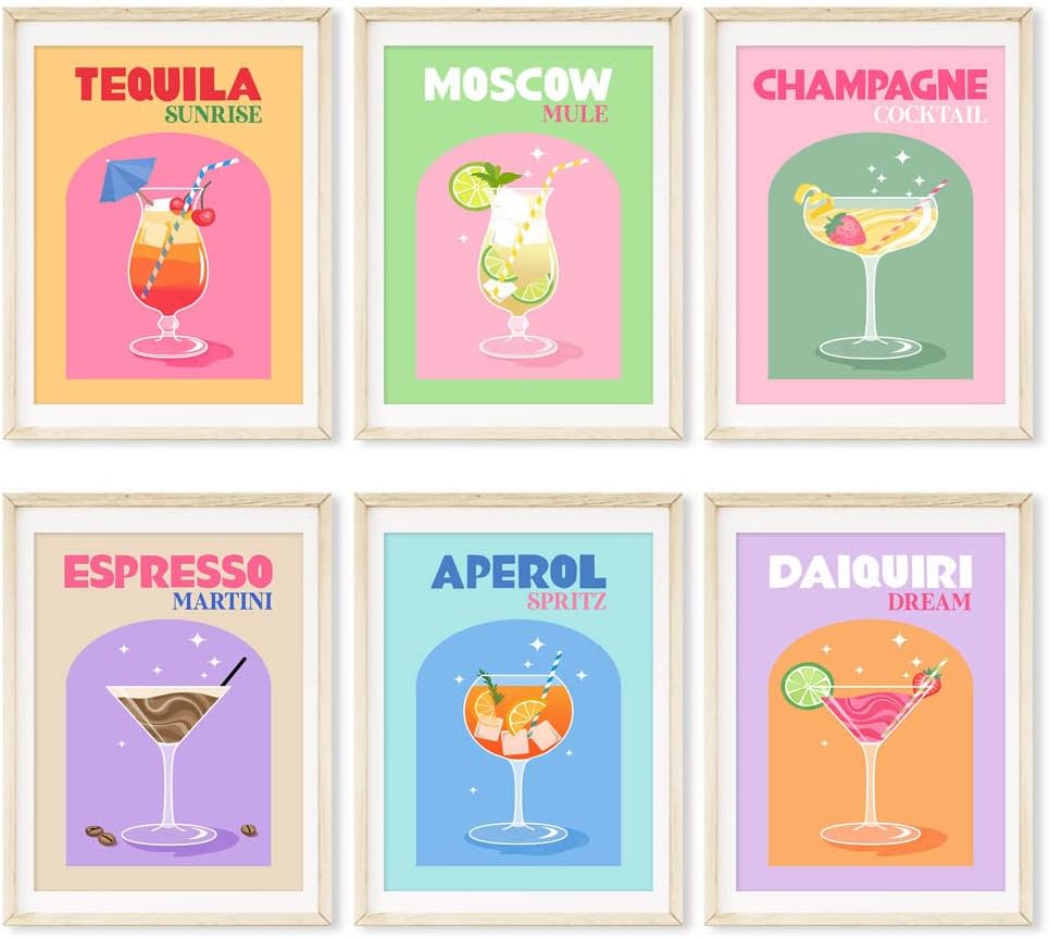 6 Pcs Cocktail Posters Retro Print Picture Preppy Room Decor Aesthetic Canvas Wall Art for Colorful Wall Decor Preppy Wall Decor Gift for Girls Bedroom Party Apartment Dorm Kitchen Living Room (Pack of 6,8x12in Unframe) Pack of 6
