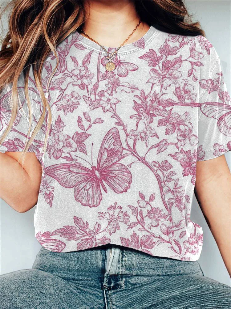 Women's Casual Breast Cancer Awareness Floral Print T-shirt