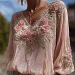 Boho Pink Floral Lace V Neck Flowy Linen Tunic - Image 2