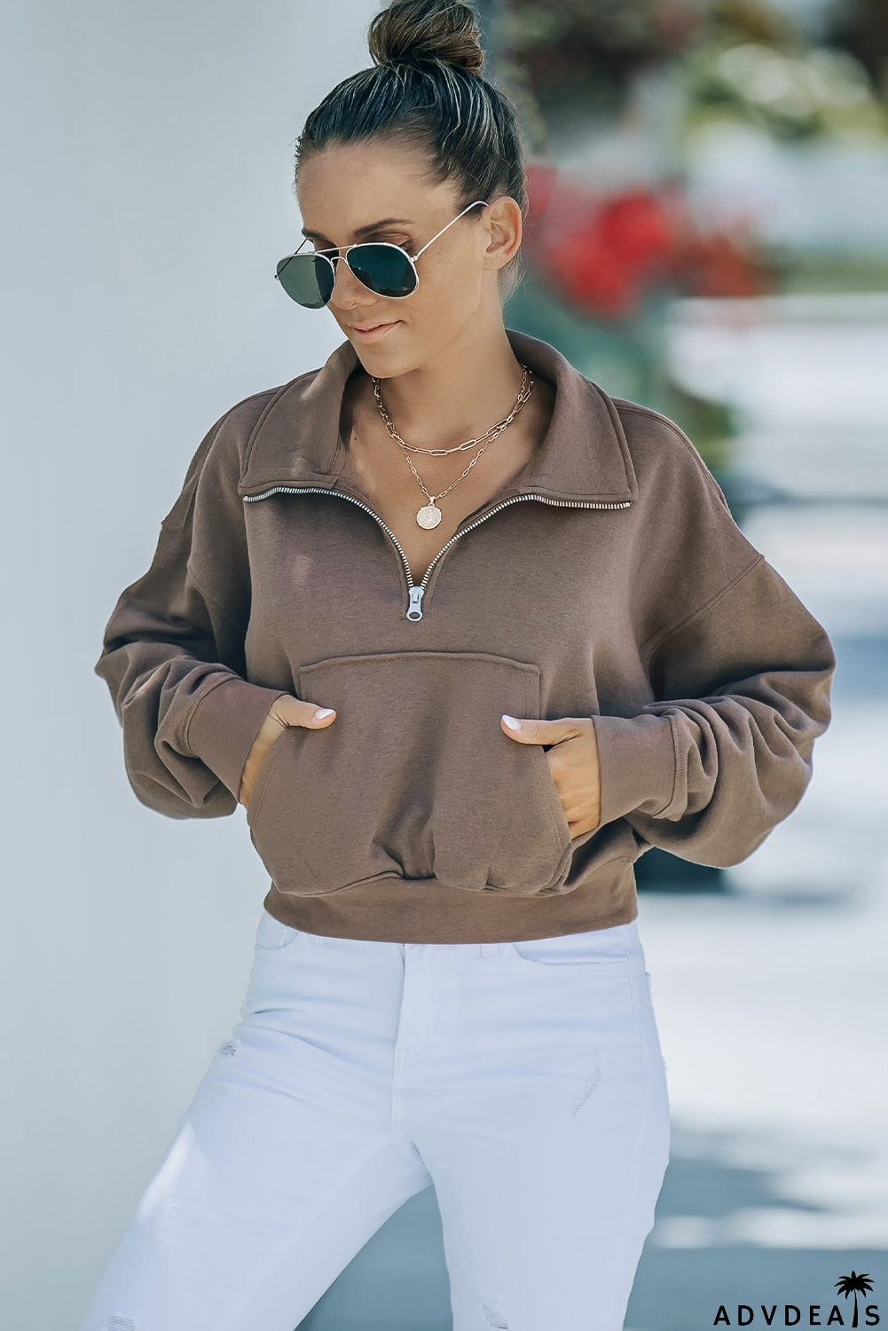 Zipped Turn Down Collar Cropped Sweatshirt with Pocket