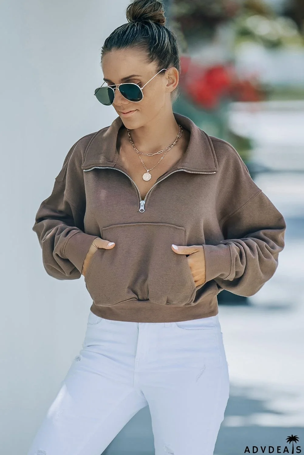 Zipped Turn Down Collar Cropped Sweatshirt with Pocket