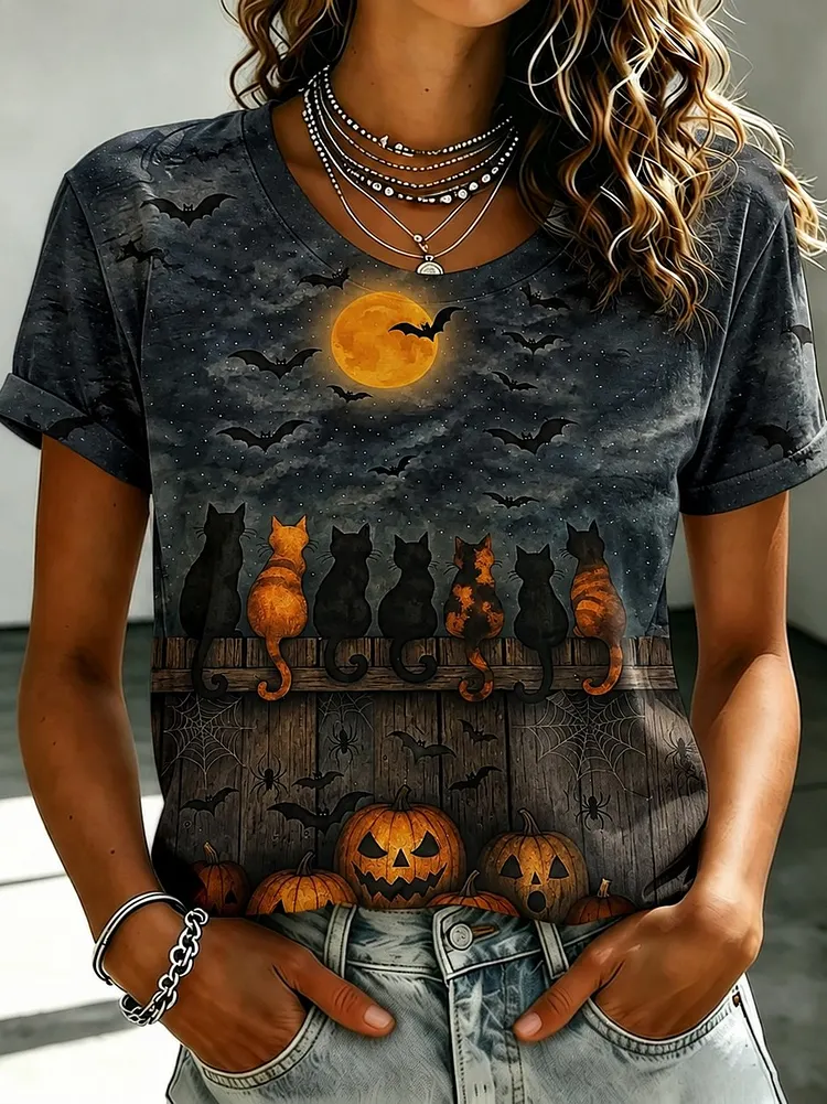 Women's Retro Halloween Pumpkin, Bat, And Cat Elements Cotton Linen T-shirt