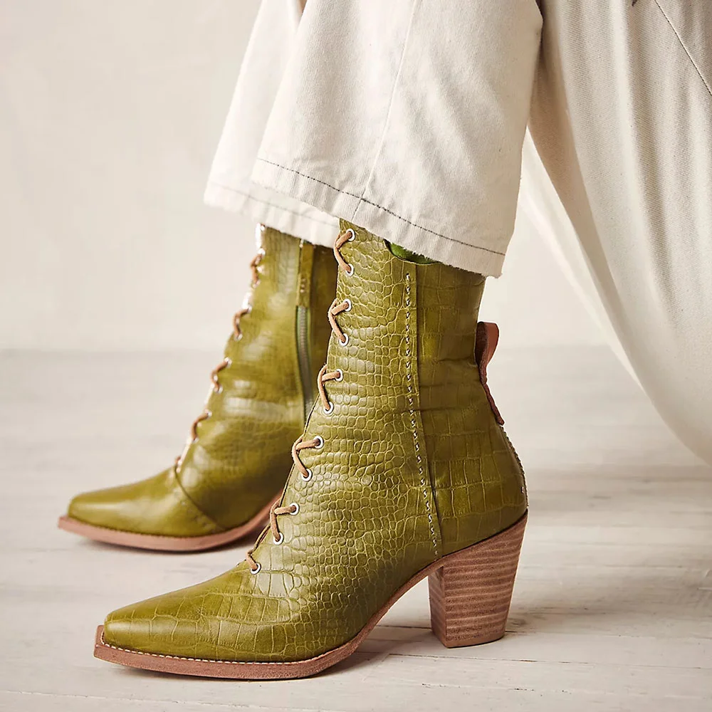 Square Toe Croc Embossed Stacked Heel Tie-Up Ankle Boots in Olive
