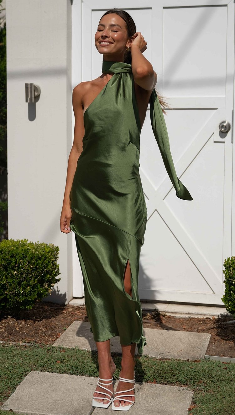 High Halter Open Back Slit Bridesmaid Midi Dresses 