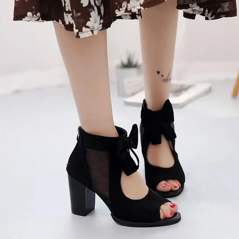 Women Square High Heel Sandals Sexy Peep Toe Bowtie Thick Mesh Sandal Shoes