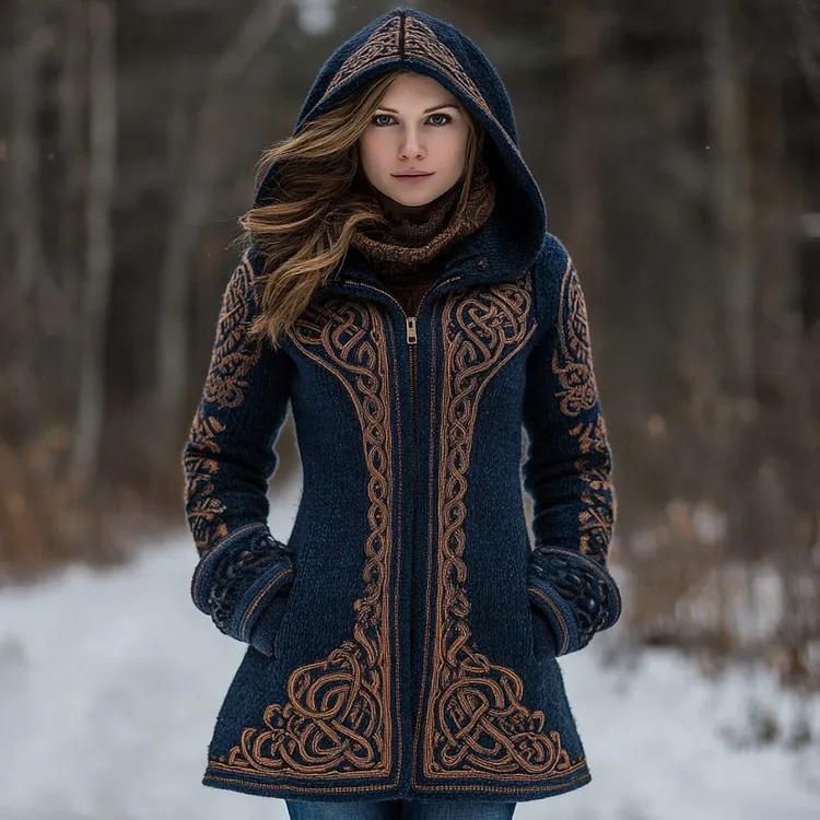 Women's Vintage Viking Celtic Knot Cozy Warm Knit Full Zip Hooded Sweater