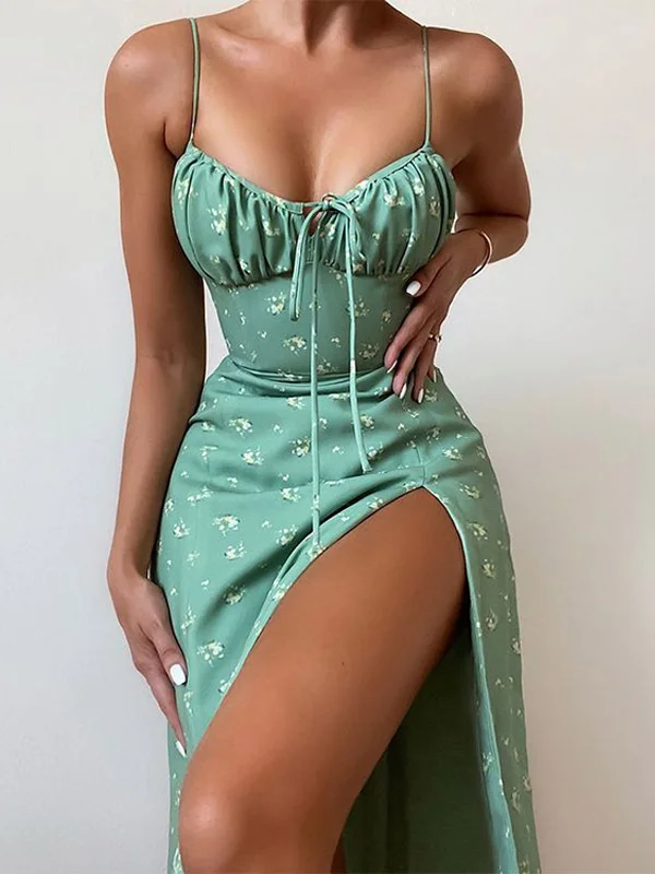 Sexy Fashion Floral Pleated Lace Up Slip Dress