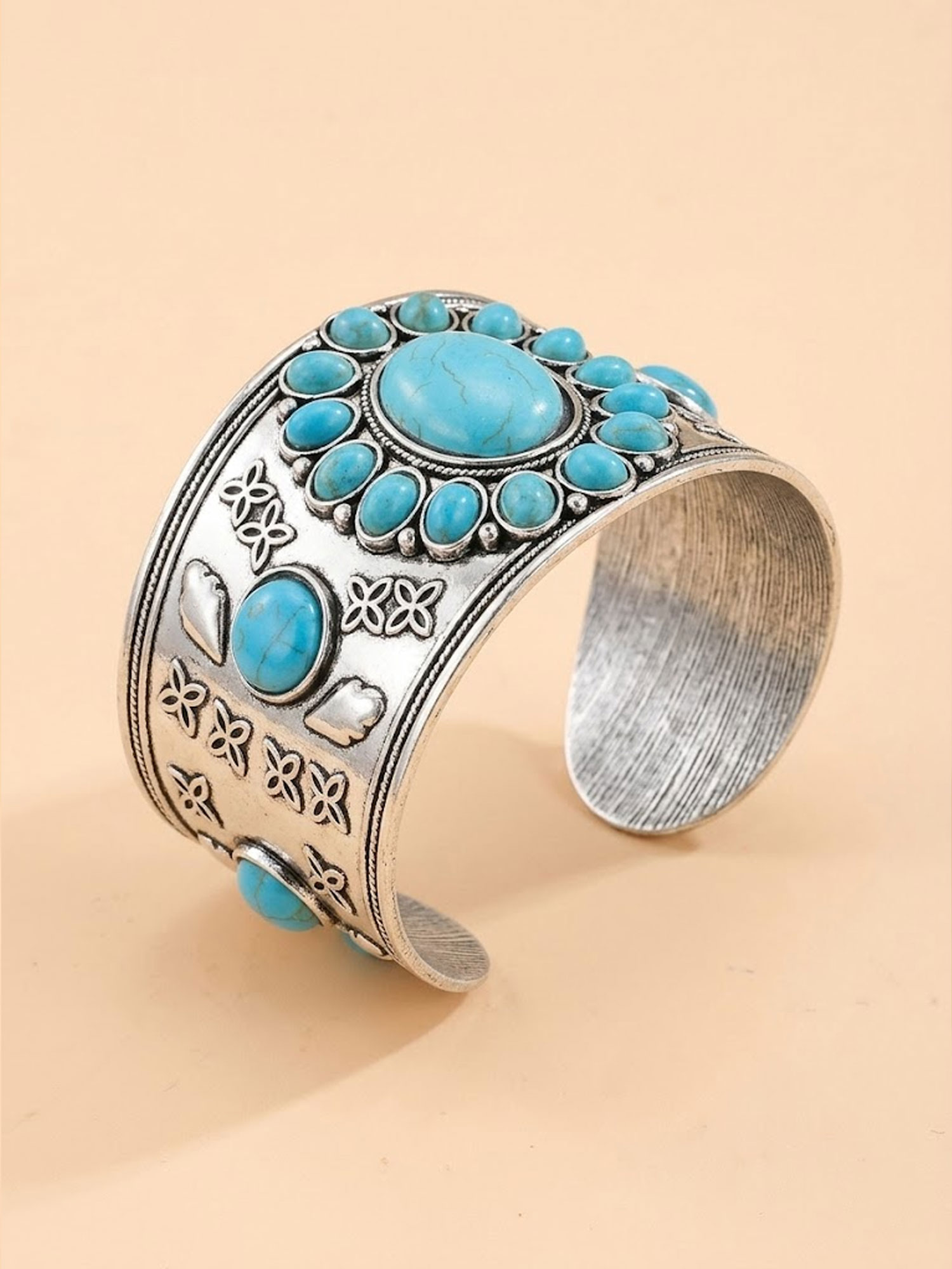 2026 SS Western Romance &mdash; Vintage Silver-Tone Heavy Turquoise Sunflower Carved Wide Cuff Bracelet