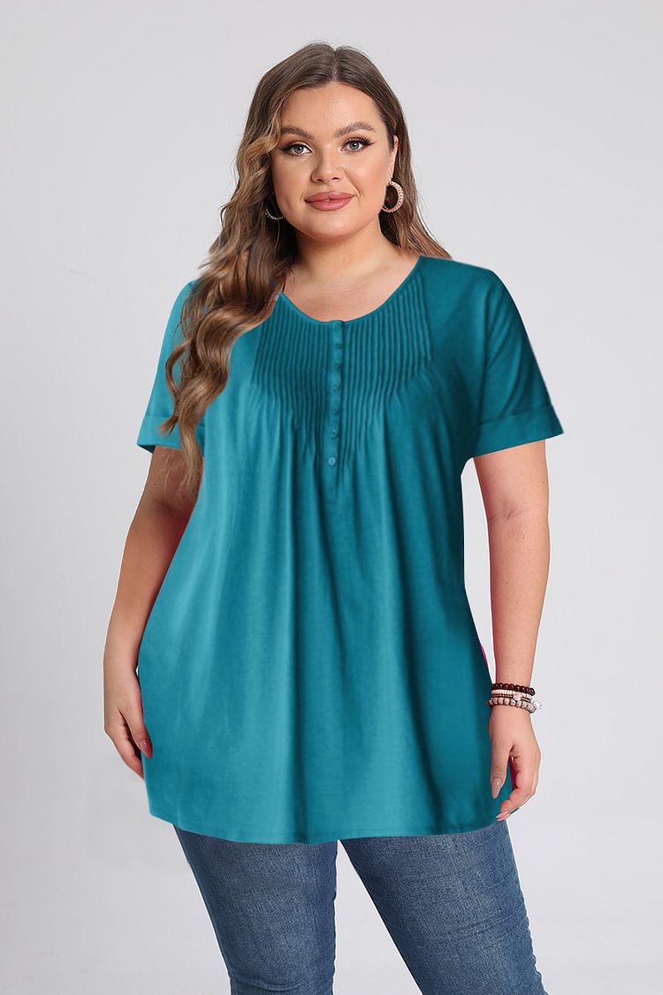 Flycurvy Plus Size Casual Peacock Blue Pleated Single Breasted Blouses  flycurvy [product_label]