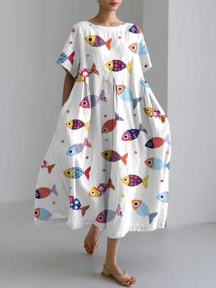Comstylish Colorful Fish Pattern Linen Blend Dress