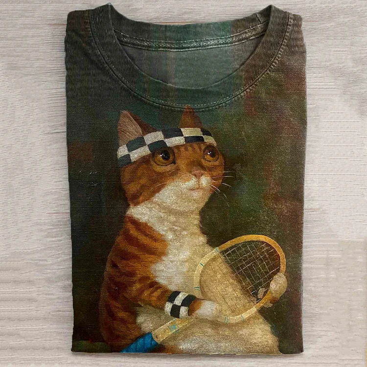 Comstylish Vintage Cat Print Long Sleeve Casual T-Shirt