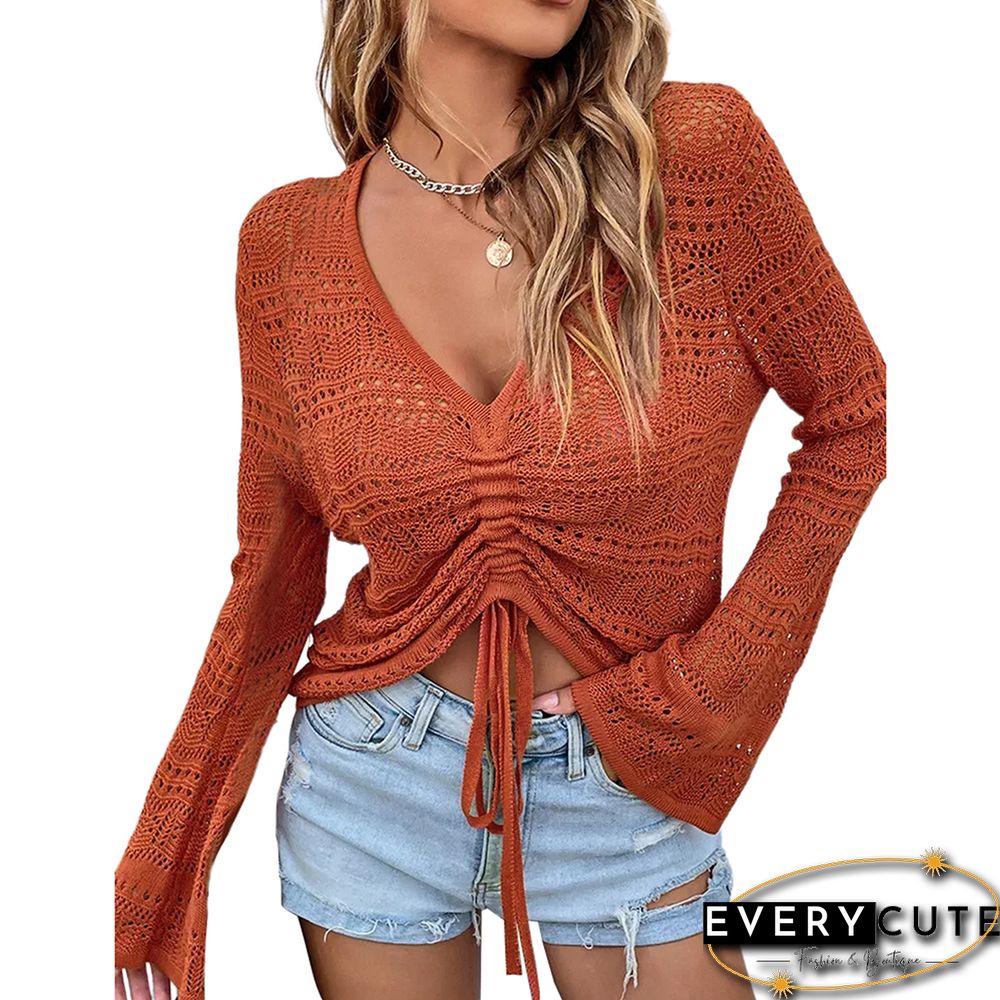 Rust Red V Neck Hollow-out Drawstring Crop Sweater