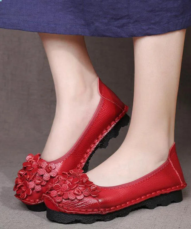 Casual Floral Penny Loafers Red Cowhide Leather