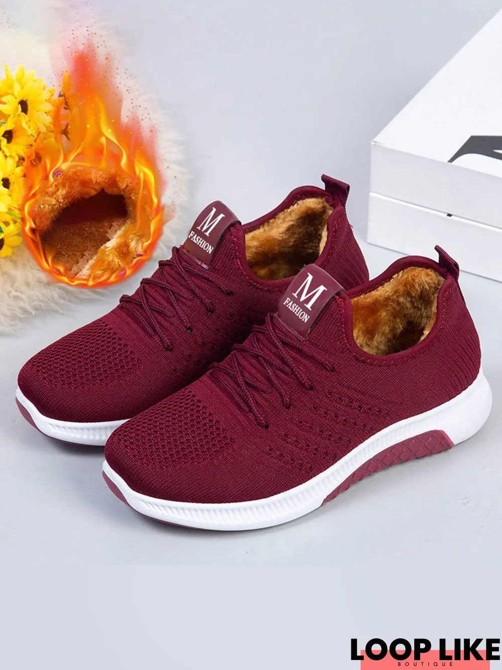 Plush Warm Lightweight Non-Slip Flyknit Lace-Up Sneakers