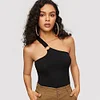 SHEIN Black Asymmetrical Neck Solid Crop Tank Top Summer Women Sexy Cold shoulder Stretchy Skinny Highstreet Sleeveless Camis 