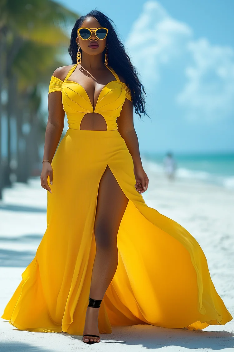 Halter Neck Pleated Cutout High Slit Maxi Dresses-Yellow [Pre Order]