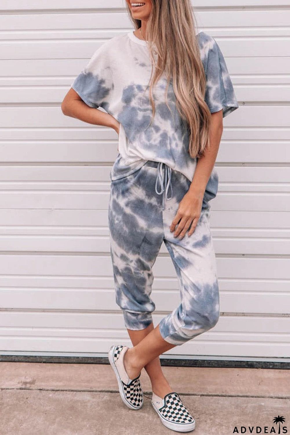 Tie-dyed Short Sleeve Top and Elastic Waist Pants Set