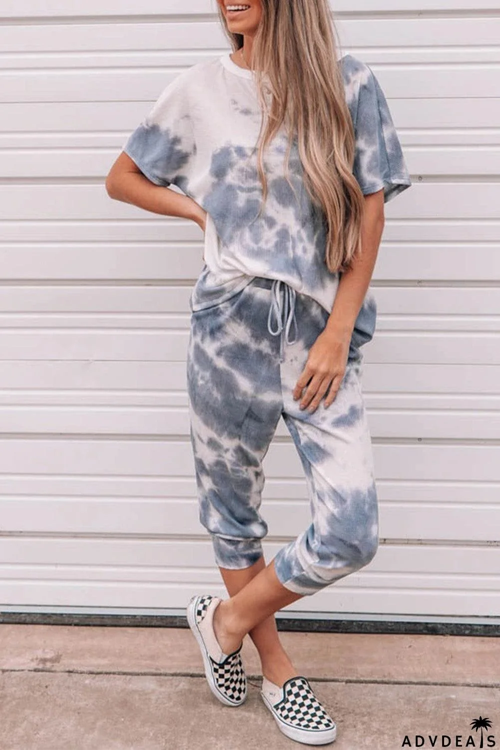Tie-dyed Short Sleeve Top and Elastic Waist Pants Set