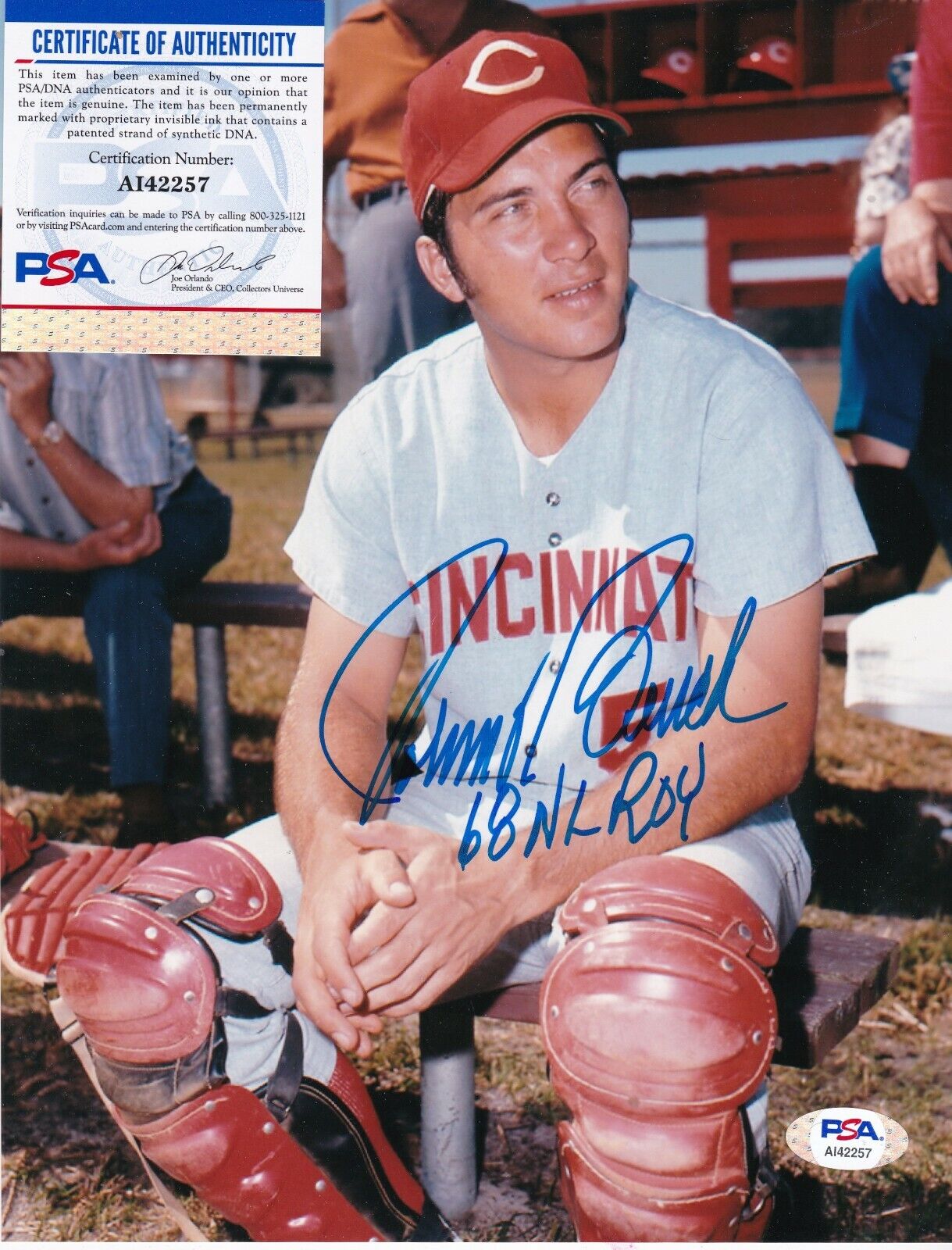 JOHNNY BENCH CINCINNATI REDS 1968 NL ROY PSA AUTHENTICATED ACTION SIGNED 8X10