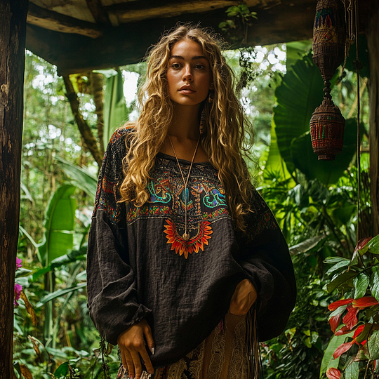 Retro Bohemian Resort Art Embroidery Print Cotton And Linen Blend Loose Blouse