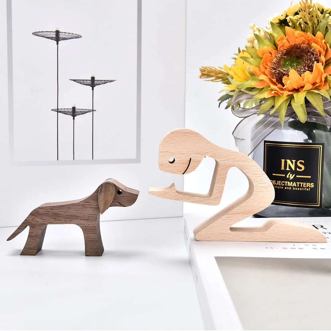 Handmade Wood Dog Decor Sculptures Craft Creative Figurine Ornement Decoration For Bedroom Home Office Decor Gift Natural
