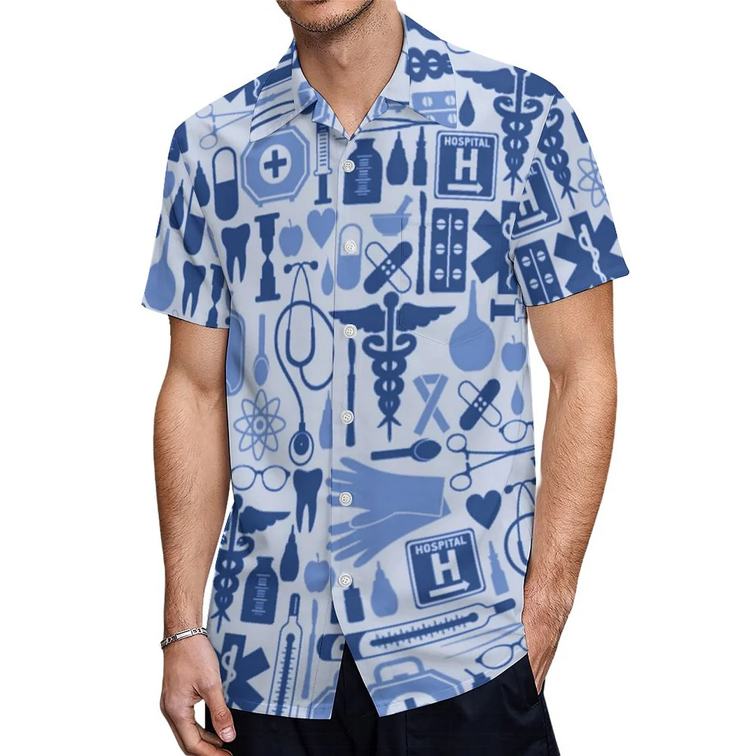 Short Sleeve Blue Nurse Doctor Medical Hawaiian Shirt Mens Button Down Plus Size Tropical Hawaii Beach Shirts