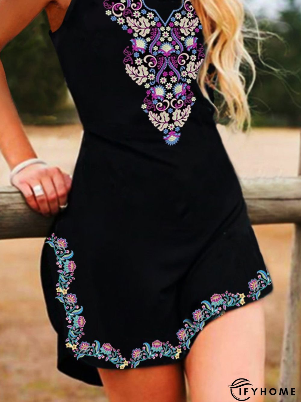 Abstract Basic Crew Neck Printed Knitting Dress | IFYHOME