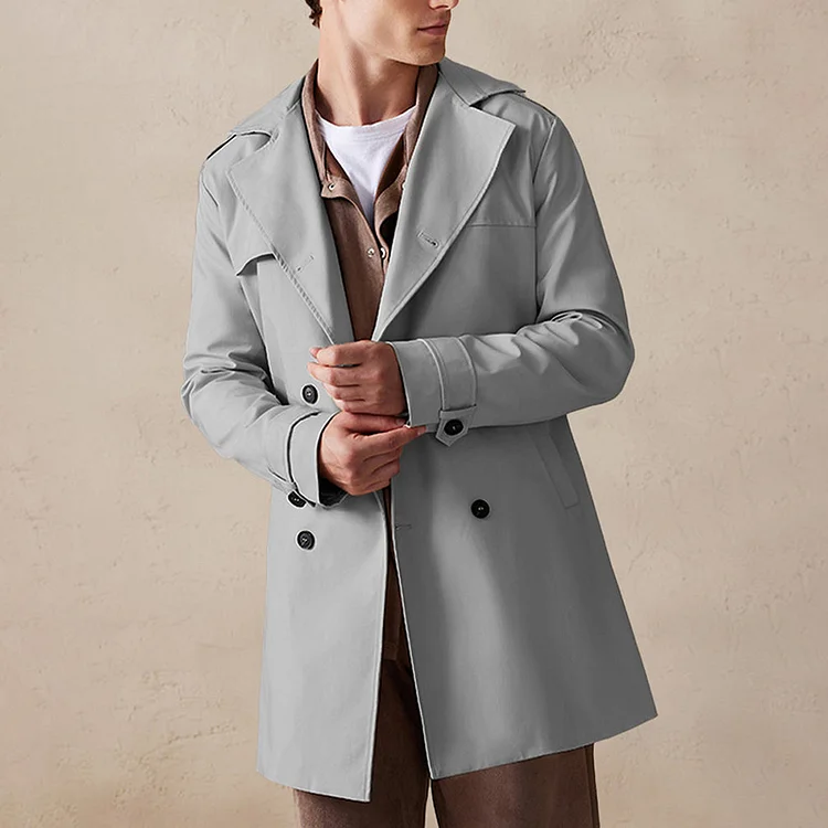 Casual Plain Pocket Double Breasted Notch Lapel Overcoat